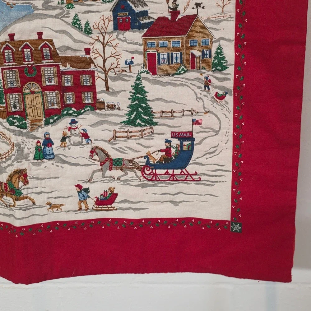Vintage Christmas Winter Village Scenic Red Border Wall Hanging Ribbon Loops
